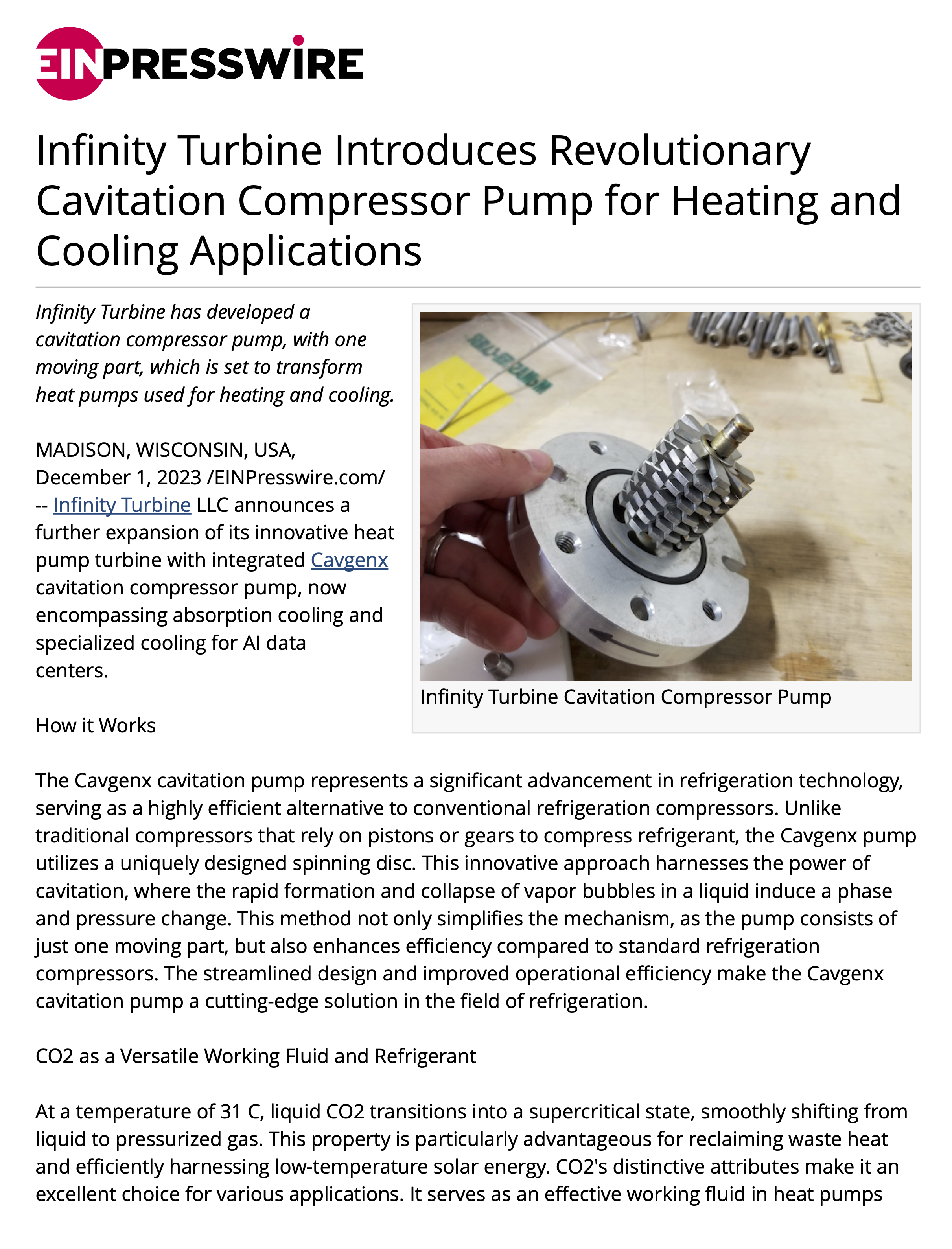 Infinity Turbine Introduces Revolutionary Cavitation Compressor Pump for Heating and Cooling Applications